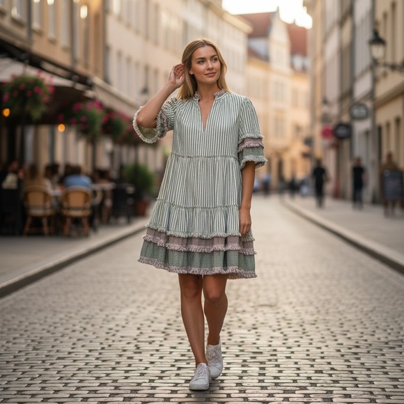 Tuckernuck Dresses & Skirts - Tuckernuck Sage Green Striped Tiered Fringe Mini Dress Womens Medium Cotton M